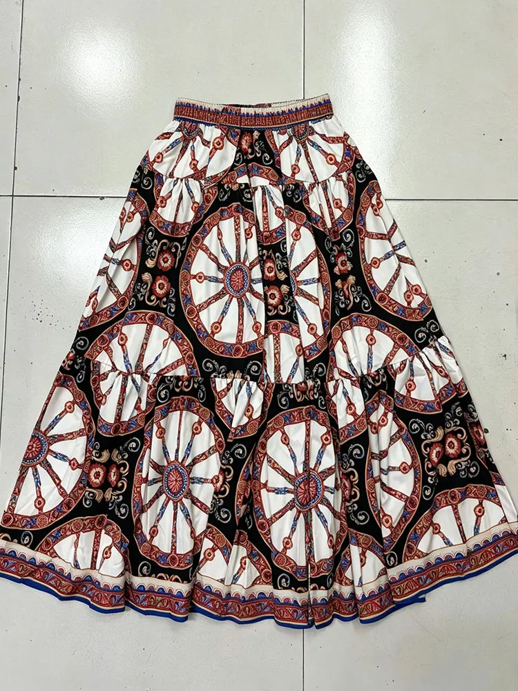 Retro printed two-piece women's long sleeves with strapless short blouse and high waist A-shaped skirt autumn new elegant suit.