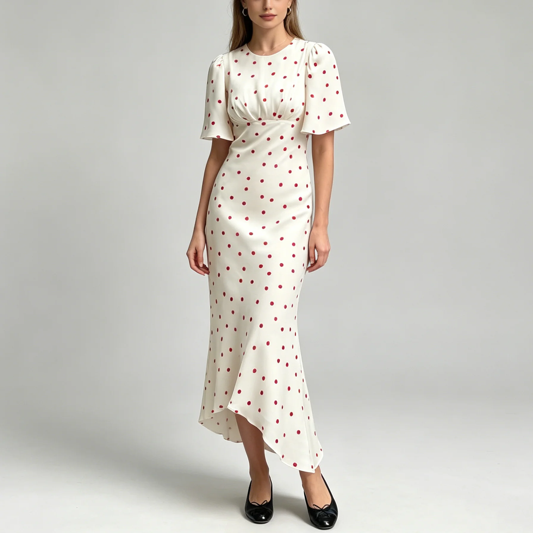 

CiCi 2026 Polka Dot Round Neck Midi Dress Women Puff Sleeve High Low Hem Elegant Spring Summer Casual Party
