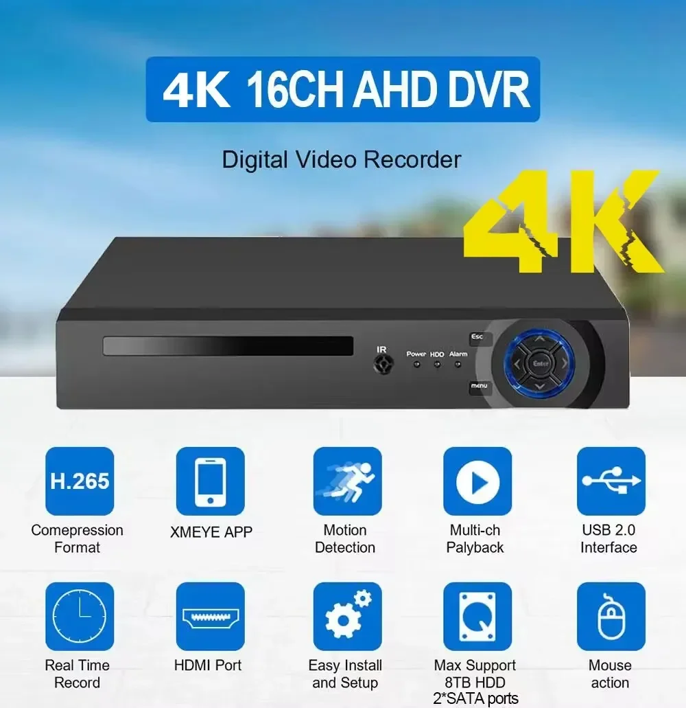 HDD مسجل فيديو رقمي Xmeye 16ch 4k Dvr Nvr H.265 كشف الوجه Xvr 16 قناة 8mp Dvr لكاميرات Ahd الأمن Cctv Ip
