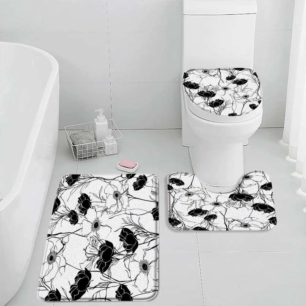 Simple Flowers Black White Bath Mat Set Floral Minimalist Bathroom Decor Abstract Modern Flannel Bathtub Rug Toilet Seat Cover