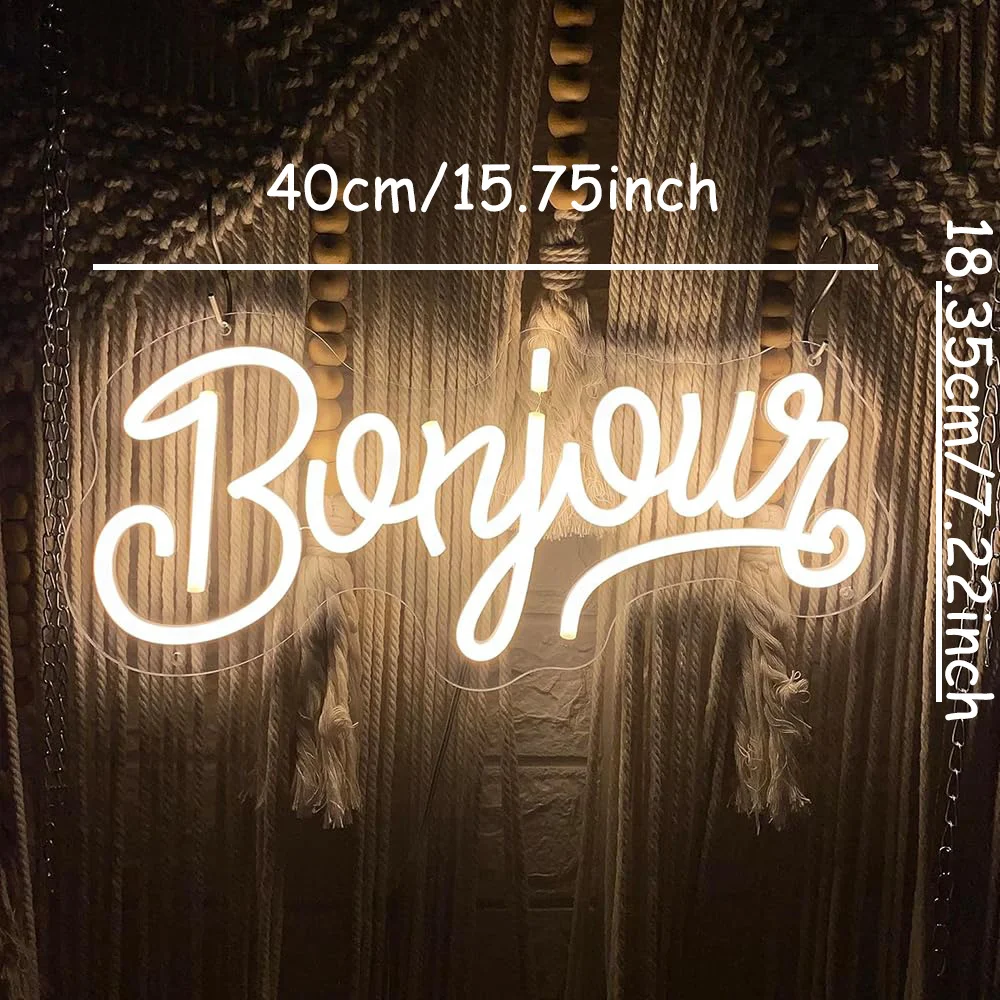 Bonjour LED Neon - Transparent Acrylic Design, USB Powered Dimmable LED Neon, Suitable for Cafes, Parties, Bar Wall Art