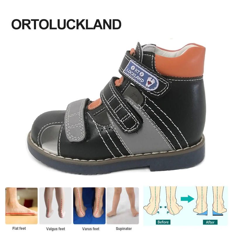 Ortoluckland Kids Girls Sandals Children Black Leather Orthopedic Shoes Toddler Boys Tiptoe Flatfoot Footwear Size23 To 33