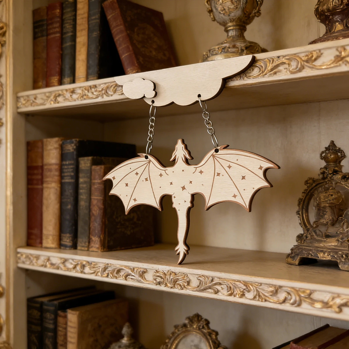 Wood Dragon Bookshelf Witchy Decor Goth Car Accessories Fantasy Book Lover Gift Magical Library Reading Nook Unique Merchandise