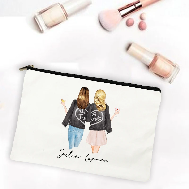 Melhor amigo dos desenhos animados menina impressão sacos de maquiagem nome personalizado bolsa cosmética viagem organizador de higiene pessoal