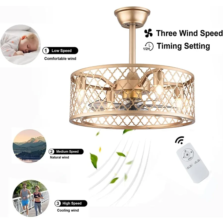 20 Gold Fandelier Ceiling Fan with LED Light Remote Control 3-Speed Adjustable Quiet Enclosed Caged Ceiling Fan Downrod Mount M