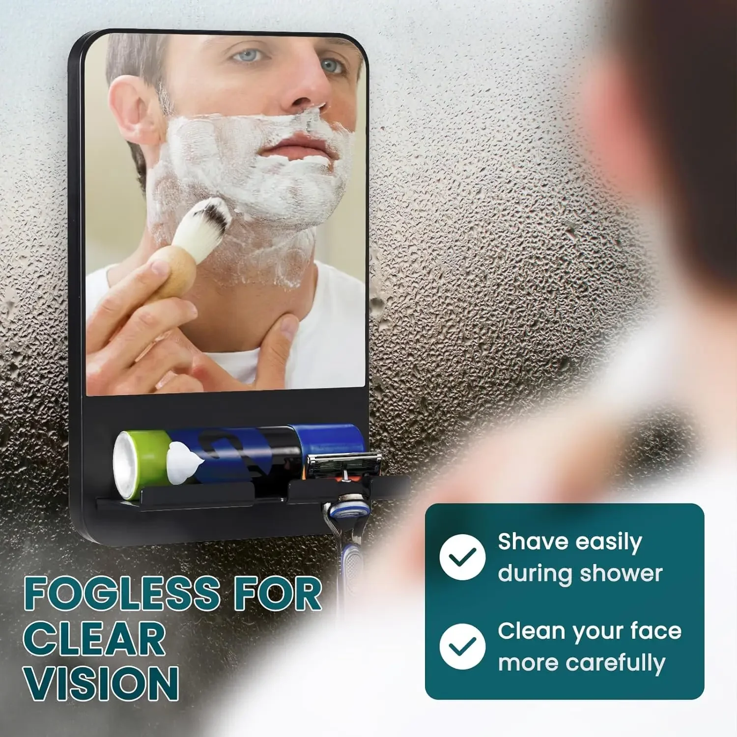 Anti-Fog Shower Mirror for Men Shaving Shatterproof Fogless Bathroom Mirror with Strong Suction Cup Razor Holder Storage Tray Organizer Wall Mounted Rust-Proof Removable Washroom Accessories Black