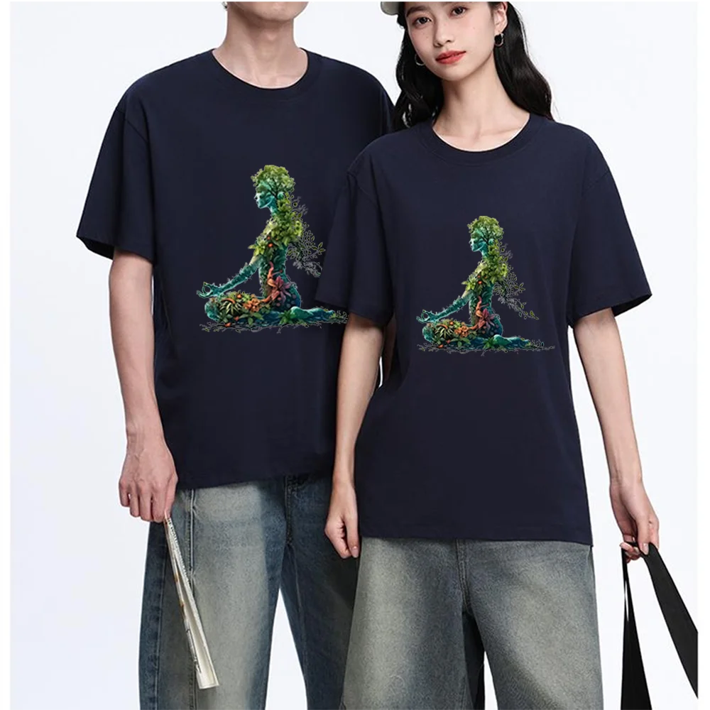 Green Tree Woman Meditation Printed T Shirt Breathable Fabric S-XXL Personalized Custom Aesthetic Graphic Top Unisex Fit Casual
