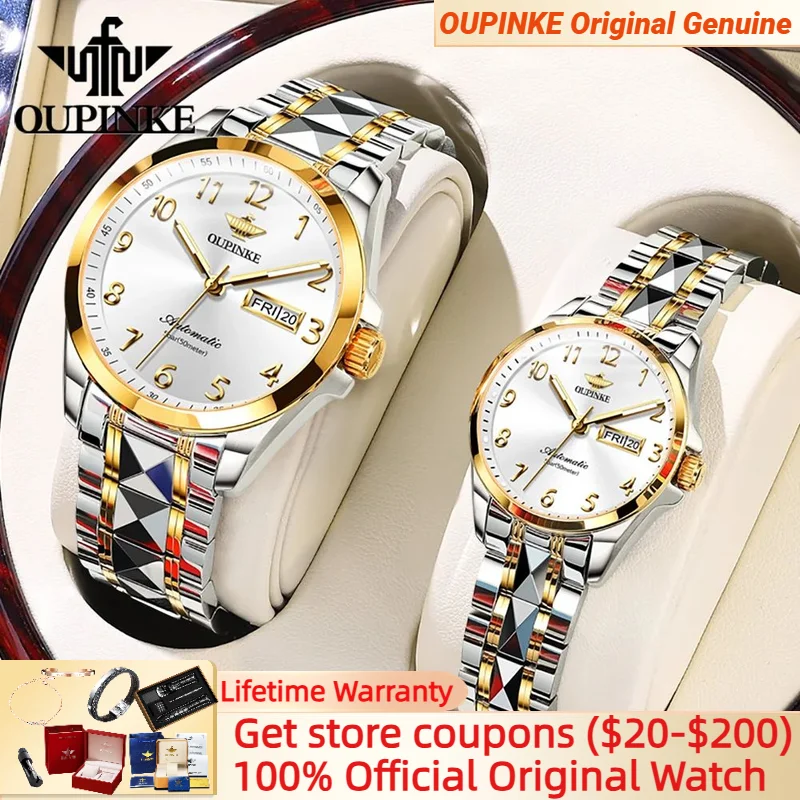OUPINKE 3228 Digital Automatic Mechanical Couple Watch for Men Women Auto  Date Tungsten steel Strap Luxury Couple Watch Set