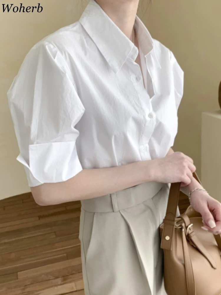 All Match Single Breasted Shirts Women 2024 Summer Blouses Blusas Vintage Elegant Blouse Korean Fashion Puff Sleeve Ladies Tops