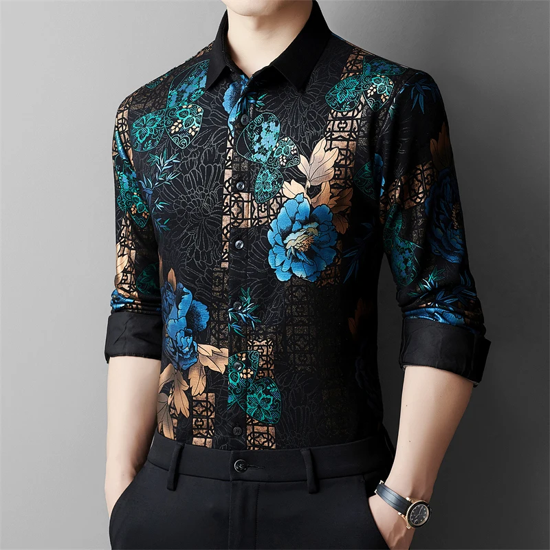 Premium Velvet Shirts For Men Long Sleeve Floral 3D Print Casual Winter Thick Quality Soft Comfortable Fashion Camisas De Hombre