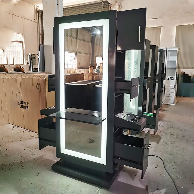 

Manufacturer foreign trade barber shop mirror table cabinet integrated desktop double-sided hairdressing mirror hair salon