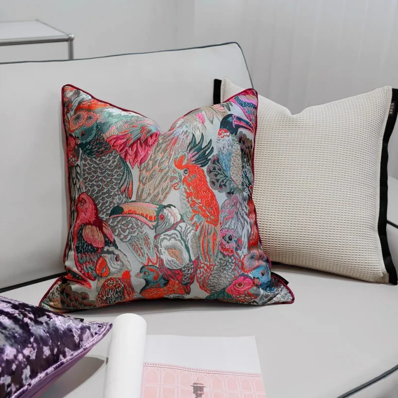 Classical Pink Parrot Pillows Luxury Purple Cushion Case Retro Square Decorative Pillow Cover For Sofa Chair Home Decorations