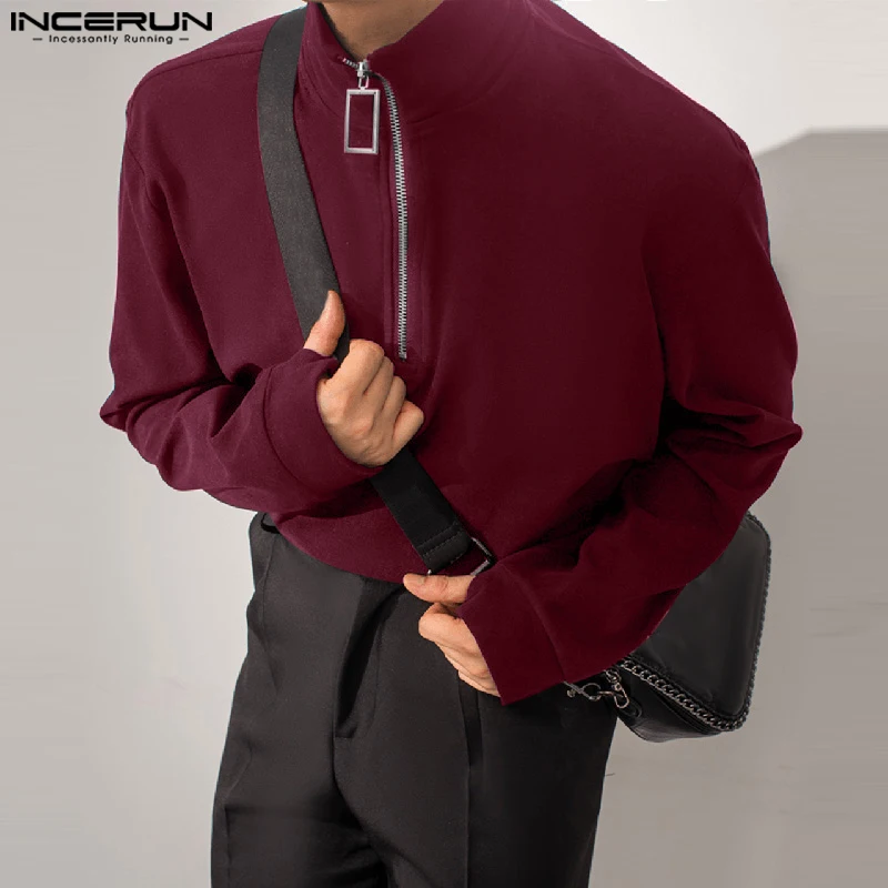 Tops de estilo informal a la moda INCERUN 2024 para hombre, suéter con hebilla y cremallera cuadrada lisa, abrigo, ropa de calle, jerséis de manga larga para hombre, S-5XL