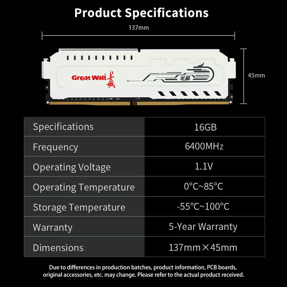 Great Wall Memoria RAM DDR5 5600mhz 6400MHz 6000MHz 16GB 32GB 16GBx2 Gaming Desktop Memory Ram 288Pin DIMM DDR5 RAM XMP 3.0