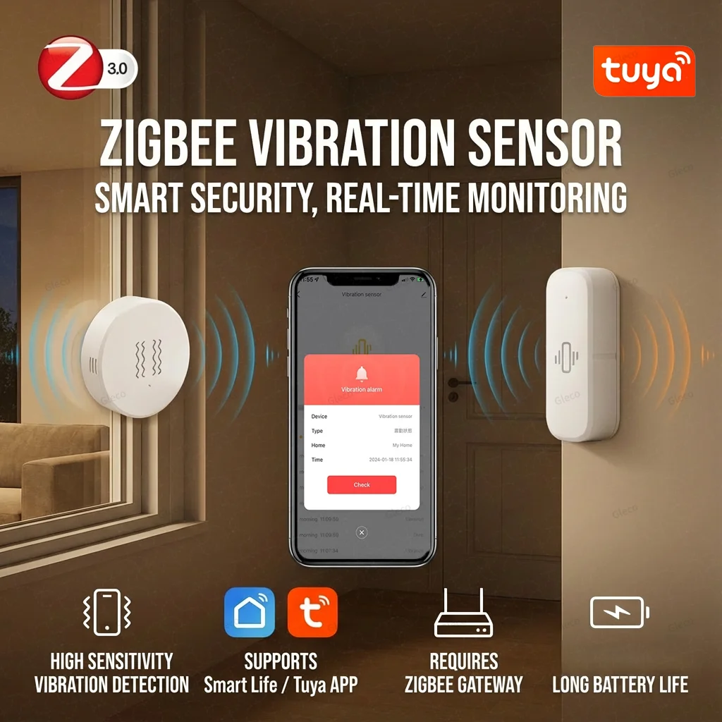 Tuya Smart Life Zigbee Vibration Sensor Drop Tilt Detection Real-Time Motion Shock Alarm For Door Window Security Protection