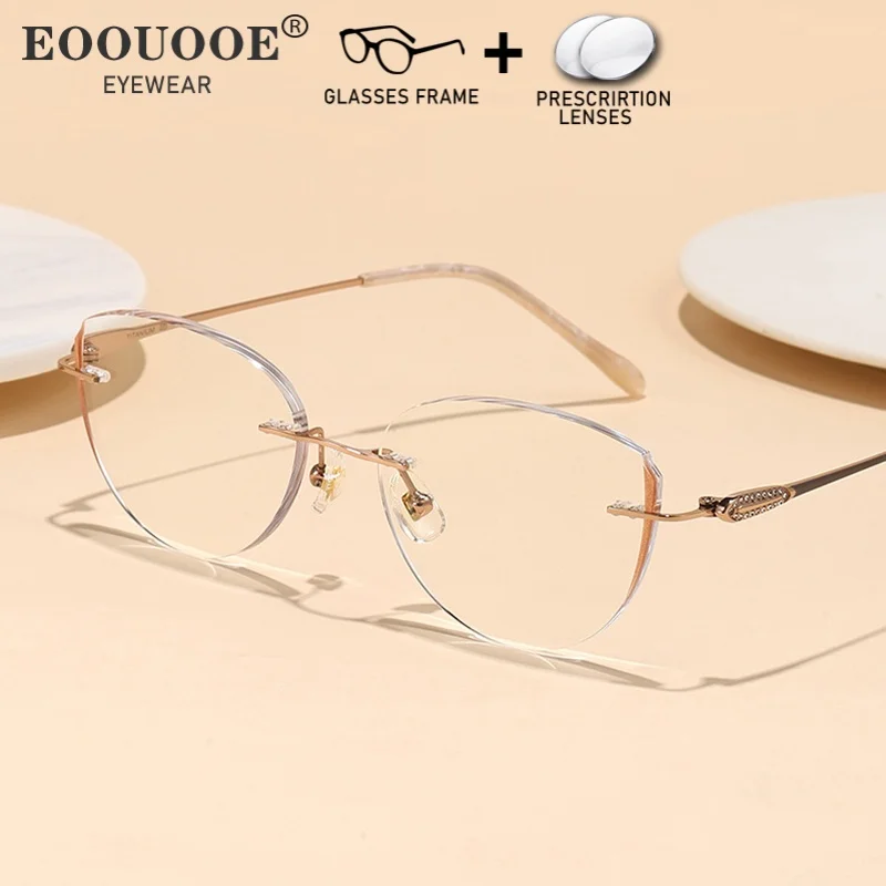

Shiny frameless Glasses Women 1.61MR-8 Lenses Recipe Prescription Myopia Photochromic Eyewear Ocular Reading Glasses