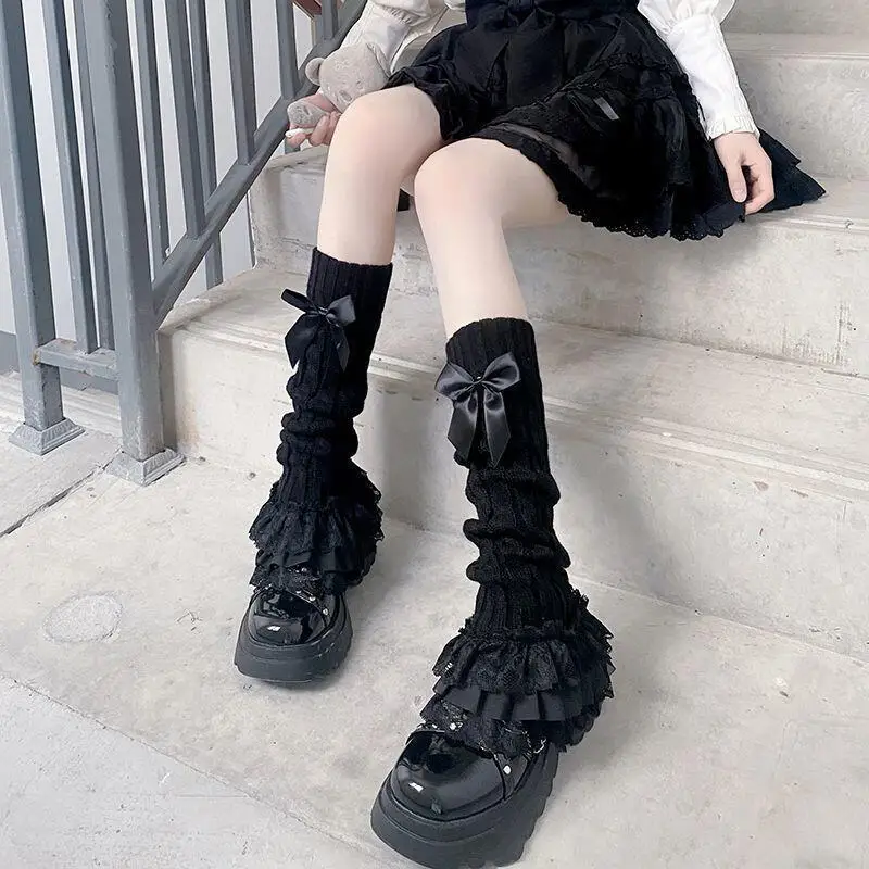 Lolita Lace Ruffle Leg Warmers Women Bow Tie Knit Calf Socks Cute Japanese Style Mid Calf Slim Fit Boot Socks Kawaii Accessories image 6
