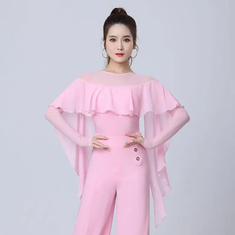 

customized Latin dance jumpsuit women's modern mesh splicing waltz ruffle edge top baile latino mujer ballroom dress standard