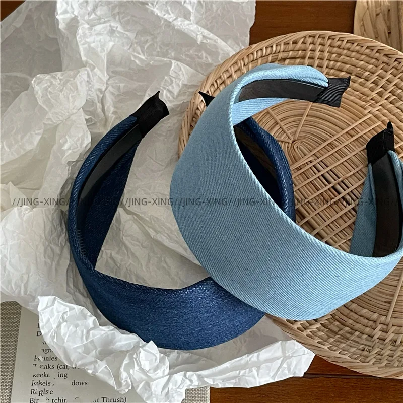 Modisches, individuelles, blauem Denim-Optik gestreiftes, breites Stoff-Haarband, koreanische Version, neues Street-Style-Haarband mit Druckknöpfen, Haarband zum Gesichtwaschen – Detail 5