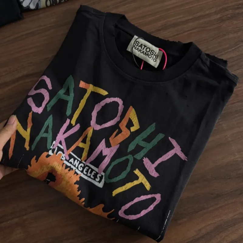 Splashing Ink Colorful Graffiti Letter SATOSHI Tshirt Vintage Distressed Washed Worn Flames Skeletons Short Sleeve Men Women Top