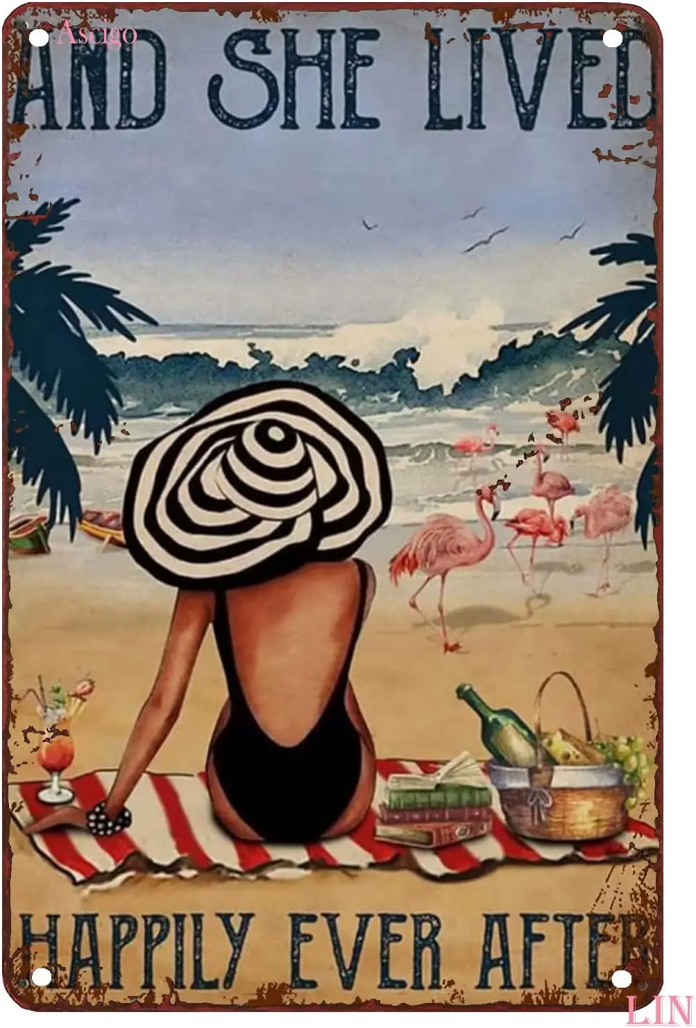 Tin Decor Farmhouse Flamingo and Woman On The Beach Metal Signs and She Lived Happily Ever After Retro Poster Wall Art Sign for