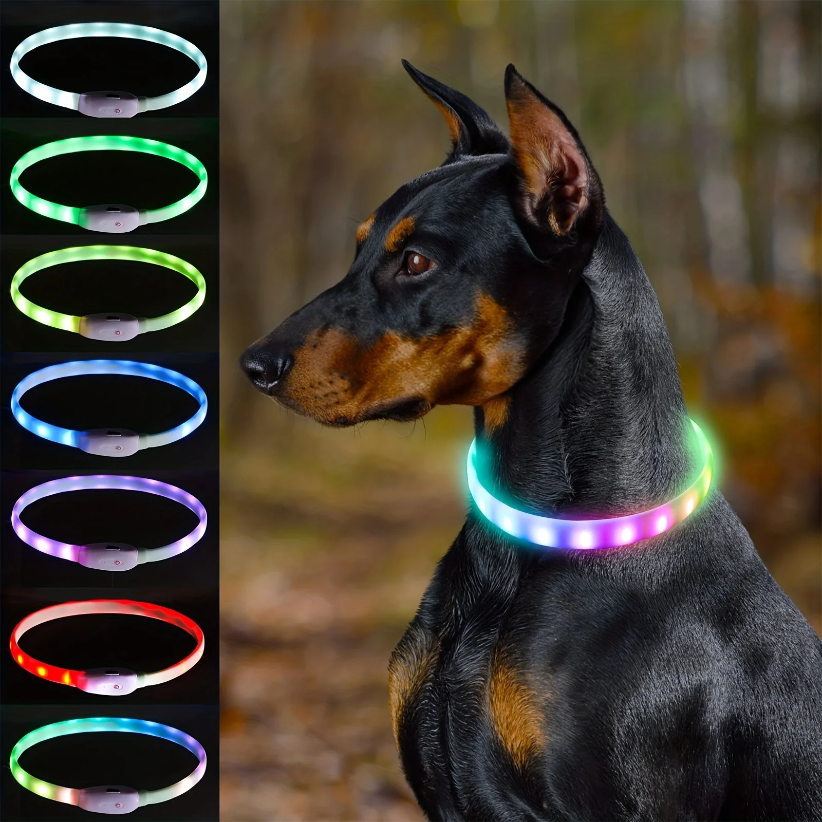 

Multi-Color USB Rechargeable LED Dog Collar TPU Cuttable Size Rainbow Glow Collar For Large Medium Small Dogs Walking At Night