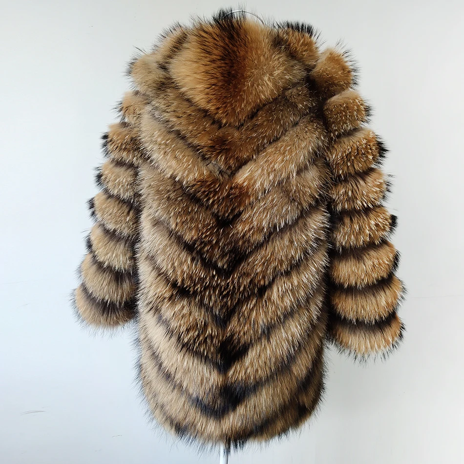 Real Raccoon Silver Fox Fur Coat Plus Size Clothes Natural Winter Women Round Neck Warm Thick New Style Plus-Size