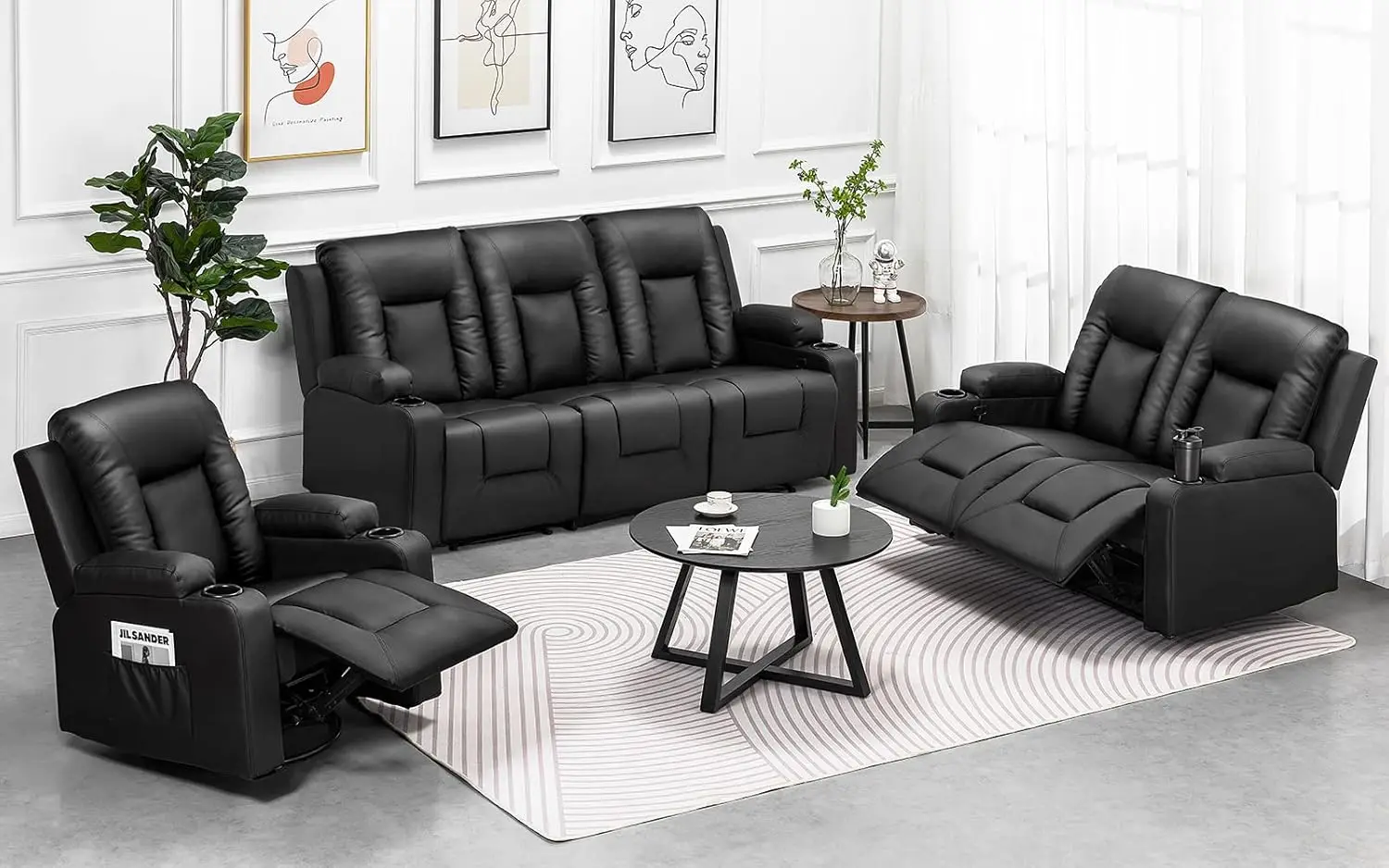 Leather Recliner Living Room Furniture Sets, Recliner Sofa Loveseat (Black,Living Room Set 3+2+1)