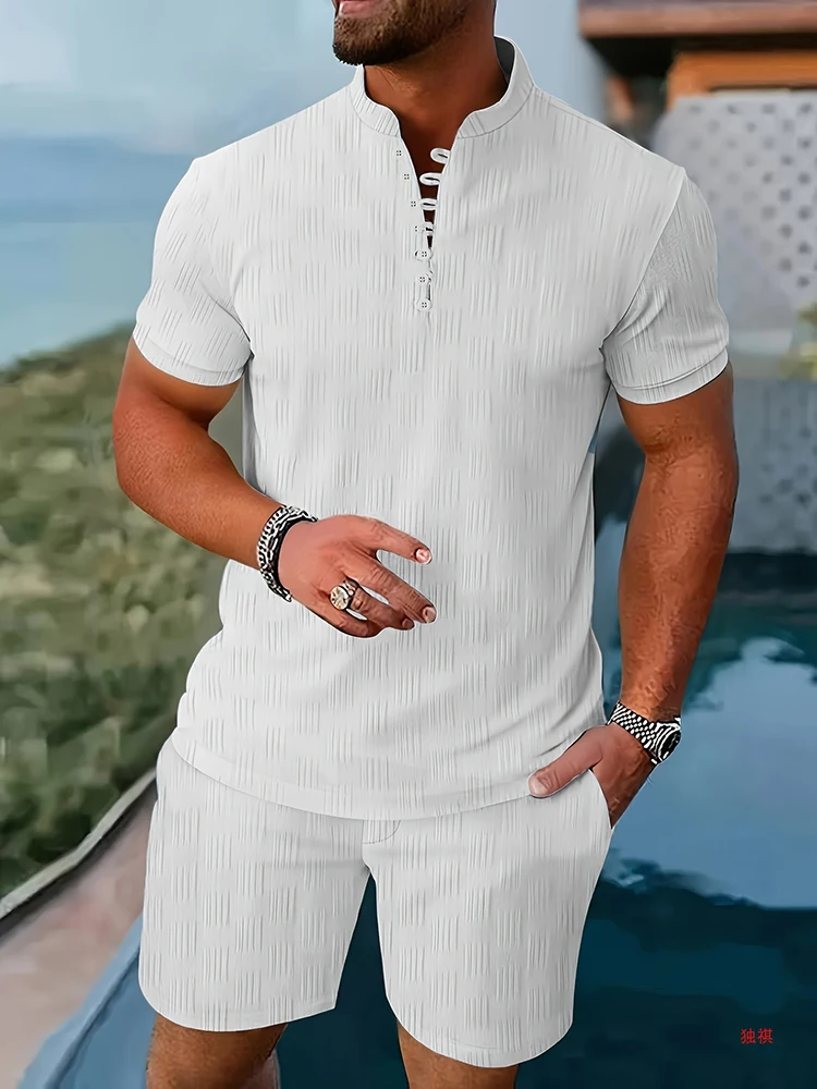 

Уличные повседневные мужские костюмы из двух предметов, летняя мода 2024, однотонные свободные комплекты, мужские рубашки и шорты с воротником-стойкой в стиле ретро, наряды