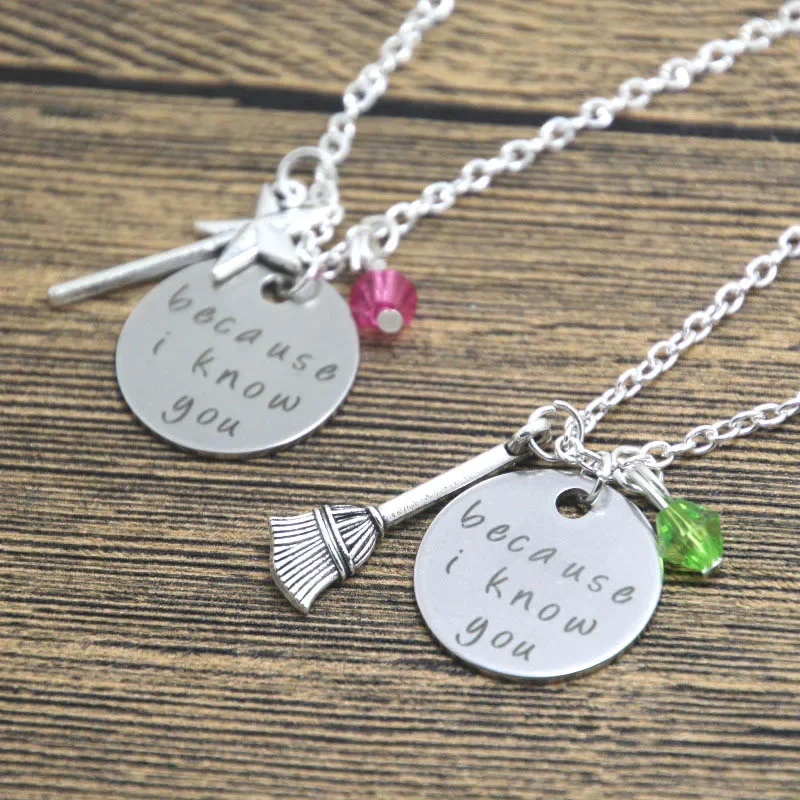 Wicked the Musical Inspired Elphaba and Galinda 'because i know you' Friendship Necklaces Magic Wand Broom Charms Jewelry Gift ﻿