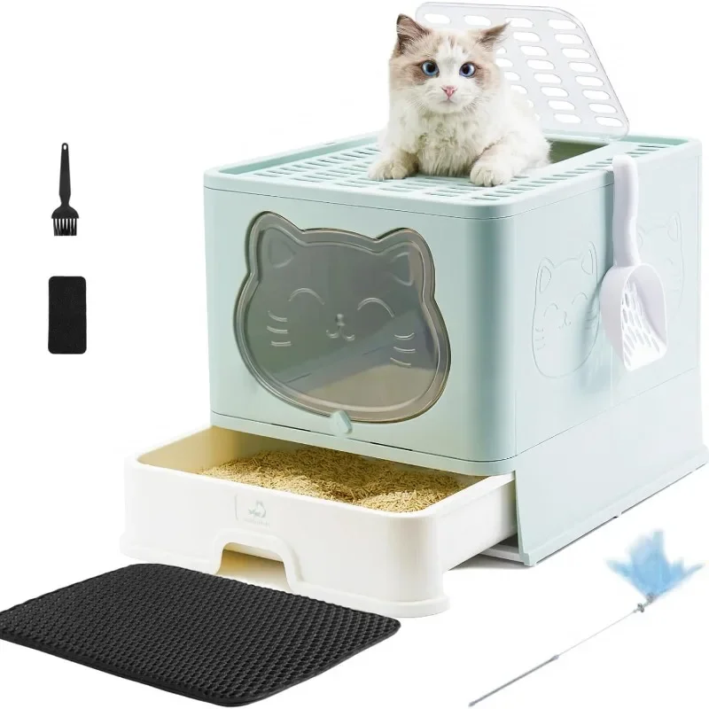 

Fully Enclosed Cat Litter Box with Lid, Foldable Extra Large Cat Toilet, Drawer Type Cat Litter Tray with Plastic Scoop