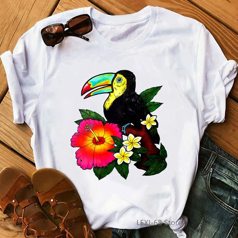 

Funny Women Tshirts Watercolor Toucan Bird Cockatoo With Tropical Flowers Print Tshirt Femme Summer Tops For Girls Kawaii Clothe