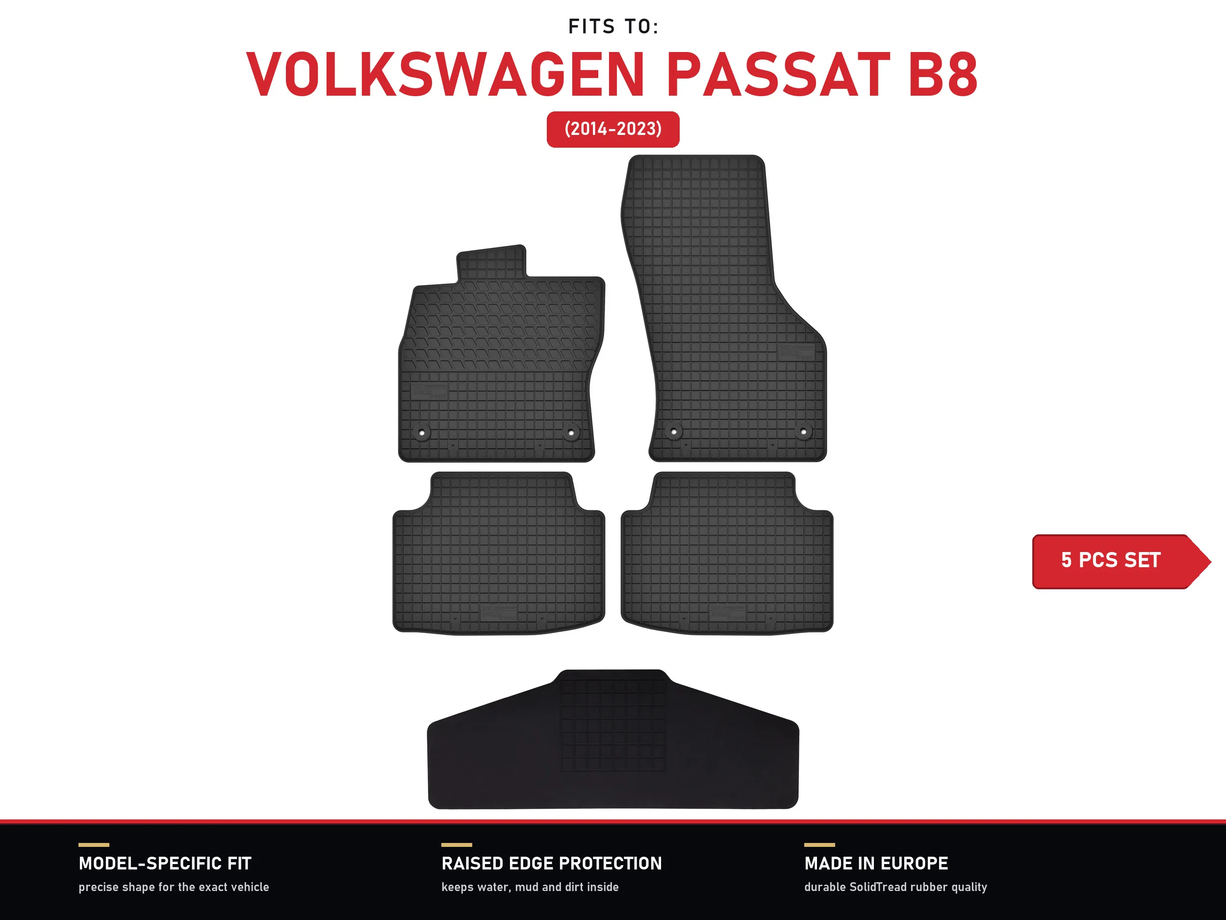 Rubberen vloermatten met tunnel voor: Volkswagen Passat B8 2014-2023 5 stuks