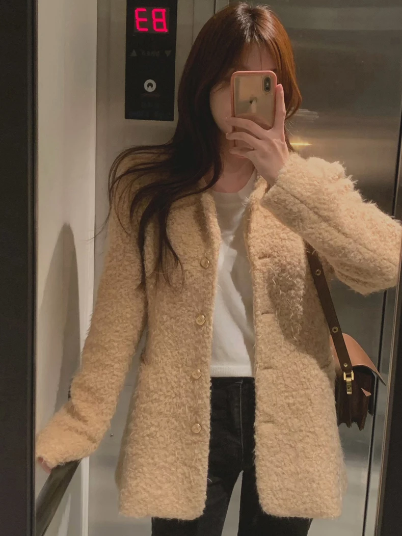 엘레 울 코트 여성용 한국 드라마 주인공 스타일 라운드 넥 싱글 버튼 허리 조임 슬림핏 코트