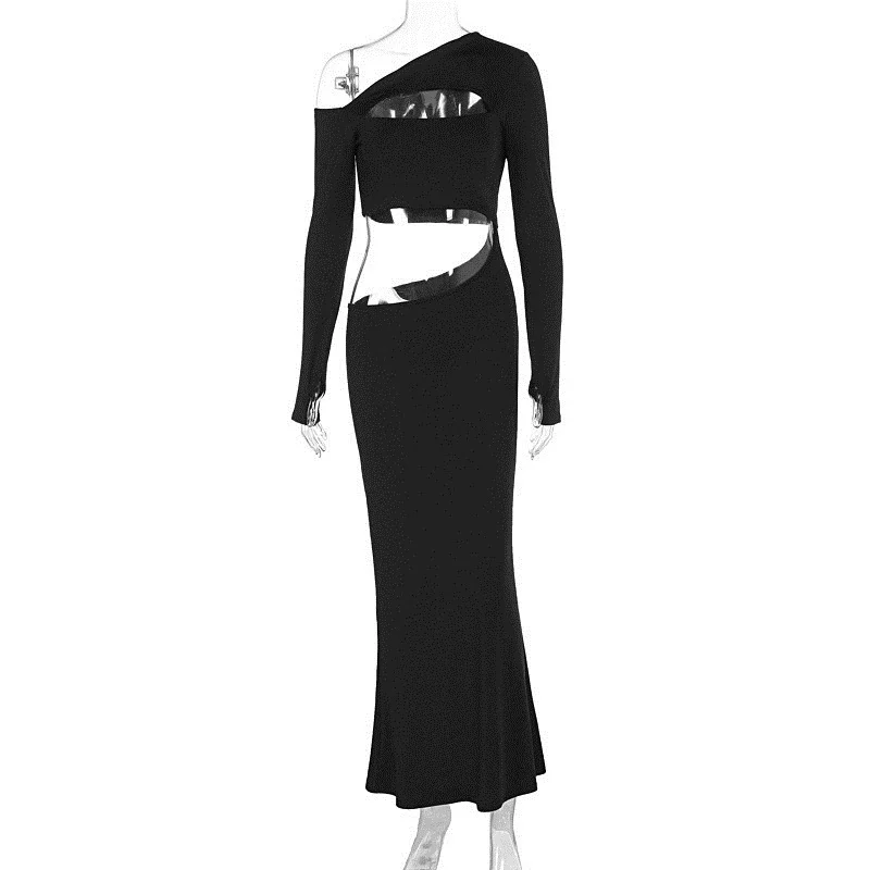 Elegancka sukienka z długim rękawem z ukośnym kołnierzem Szykowna seksowna sukienka z dziurami w jednolitym kolorze Nowe modne damskie sukienki bankietowe