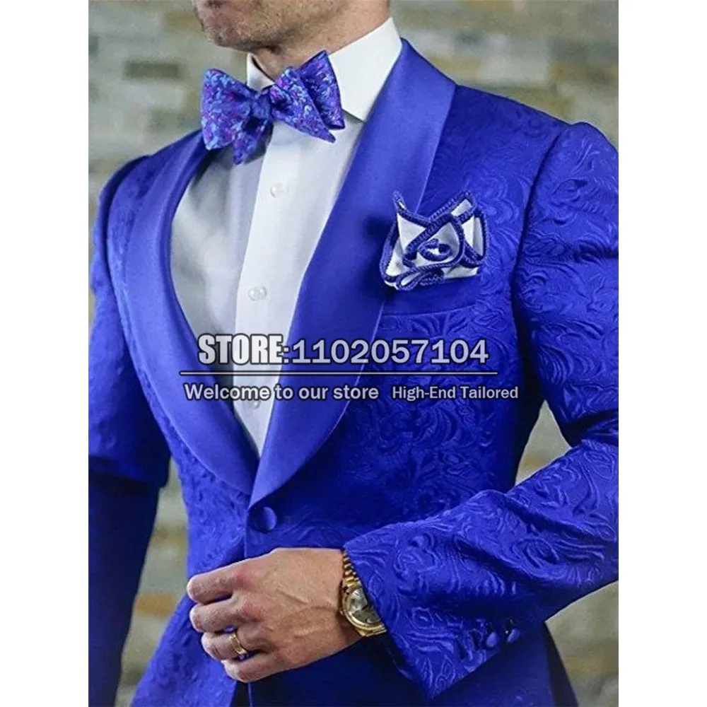 

Smoking Business Suits Men 2 Pieces Royal Blue Floral Jacket +Pants Formal Evening Dinner Party Dress Spring/Summer Traje Hombre