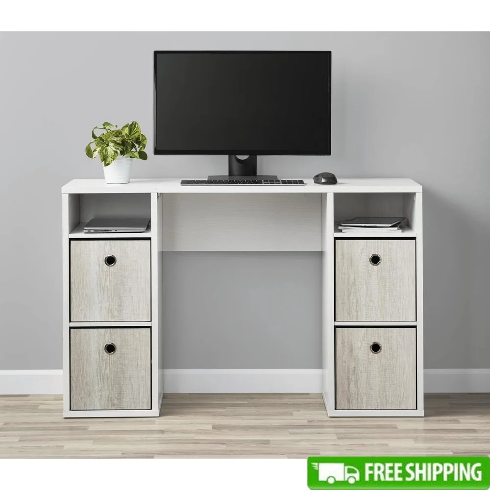 

Spacious 4-Cube Storage Desk with 6 Shelves Organization Ideal Laptop Homework Study White Grain Finish