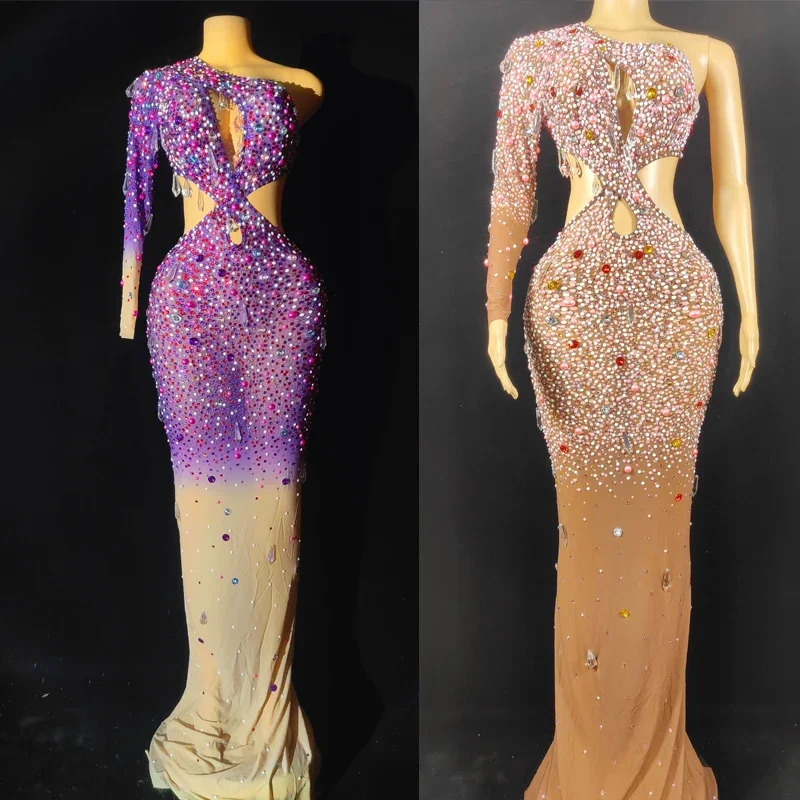 Bunte Strass Kreuz Cut Out Kleid Sexy Stretch Perlen Abendkleid Frauen Geburtstag Party Sänger Kostüme Outfit XS6143