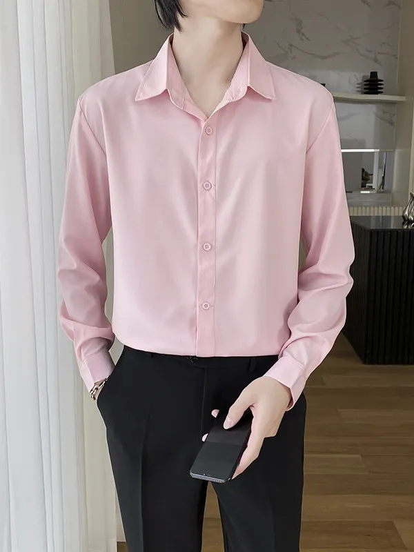 Large Size Casual Long Sleeve Men's Shirt Wedding Groomsmen Pink Anti-Wrinkle Drapey Polyester Standard Fit Business Casual