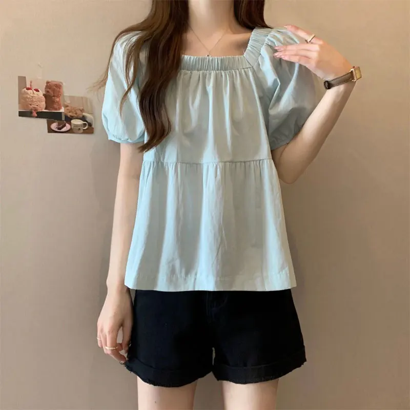 2024 Summer Puff Sleeve Shirt Elegant Square Collar Elastic Women\'s Clothing Fashion Folds Spliced Solid Color All-match Blouse