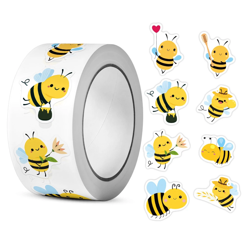 500pcs/Roll Cute Bee Cartoon Stickers Kawaii Animal Decals DIY Guitar Luggage Scrapbook Waterproof Stealing Label Sticker Pack