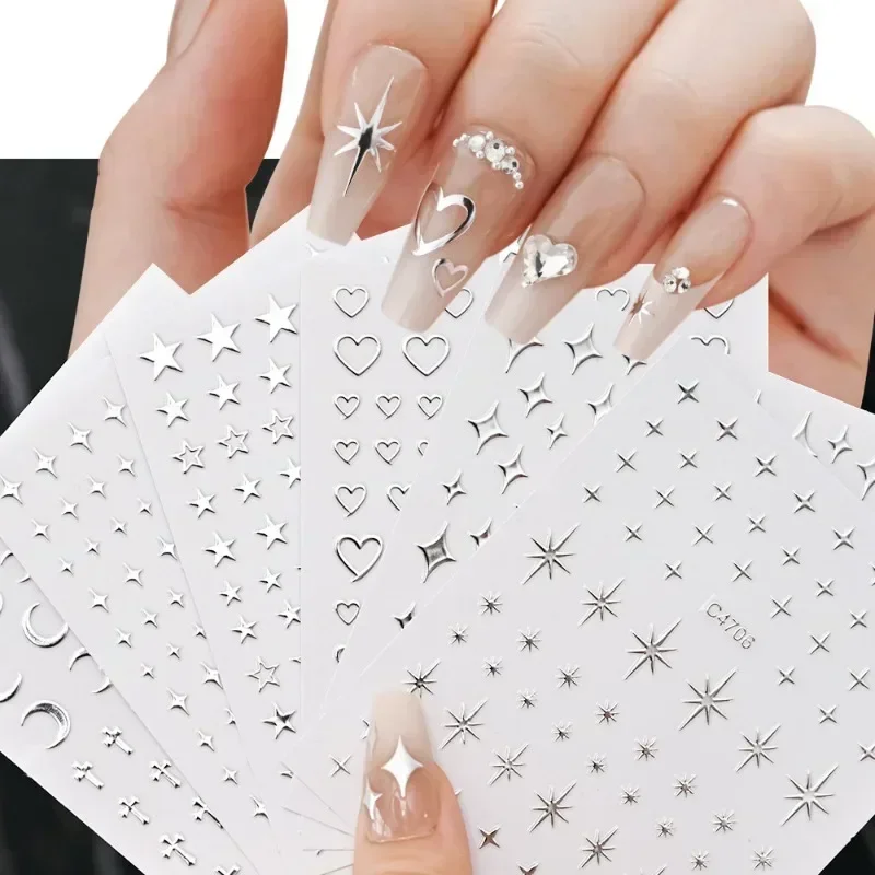 Spiegel Metallic Zilveren Nagelstickers Love Star Stickers Franse Manicure Zelfklevende Sliders Accessoires Nail Art Decoraties