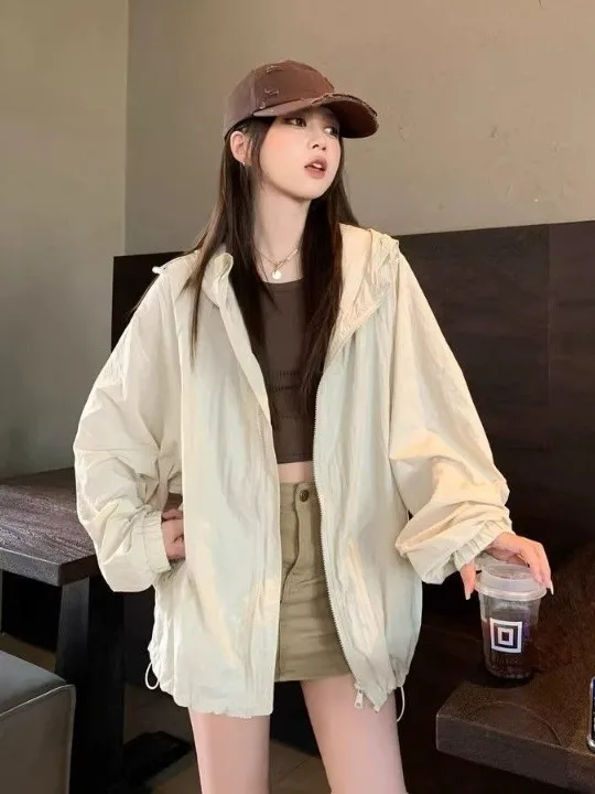 New Korean Style Blue Zipper Women's Summer Loose Hooded Thin Outerwear Top Fashionable Lightweight Windbreaker Jacket