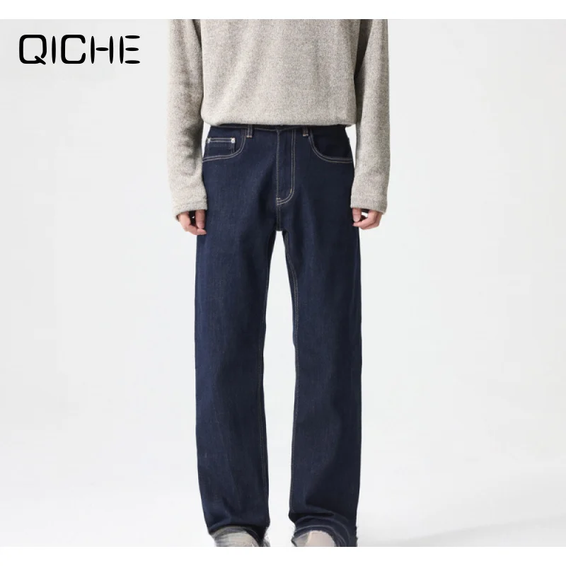 QICHE Autumn Men American Vintage Raw Denim Jeans Loose Straight‑Leg Washed Fabric Casual Long Trousers
