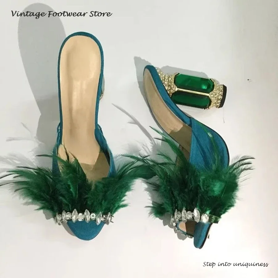 

Винтажные тапочки с кристаллами, украшенные перьями, роскошные туфли на круглом каблуке с открытым носком, женские современные тапочки для вечеринок