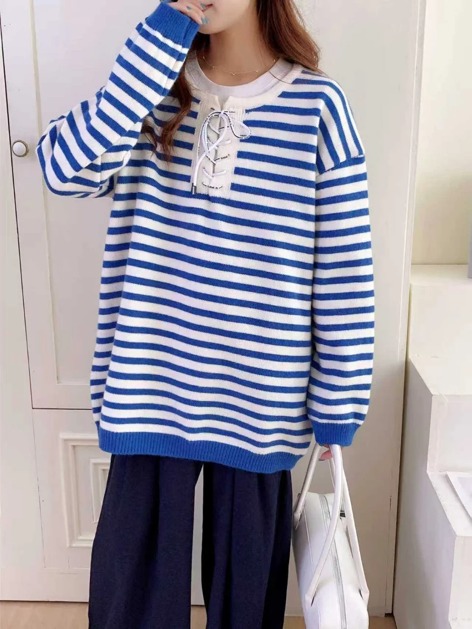 

Полосатый вязаный свитер, женский свободный ленивый топ с поясом, корейский сле, осенне-зимний свитер для средней школы, для больших детей
