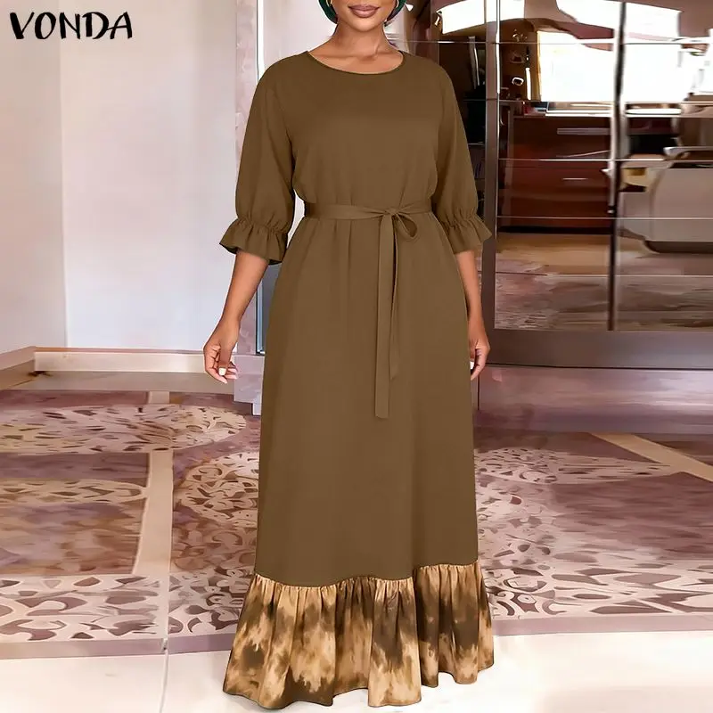 

Fashion VONDA 3/4 Sleeve Women Plus Size Dresses Print Patchwork Loose Summer Dress O Neck Vestidos Ruffle Sleeve Streetwear