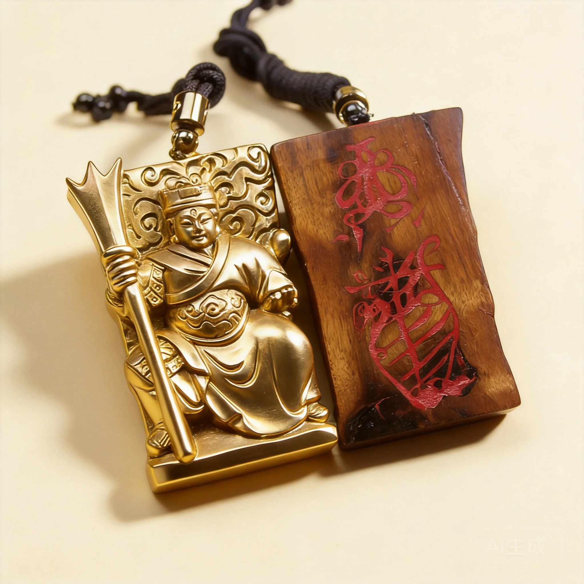 Chinese Traditional Carved Thunder Struck Jujube Wood Erlang God Cinnabar Pendant Auspicious Lucky Taoist Amulet Necklace For