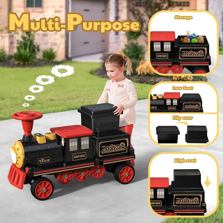 2인승 무궤도 기차, 높이 조절 가능한 시트가 있는 12V 어린이용 자동차, 추가 수납공간, 헤드라이트 (캐리지 미포함)