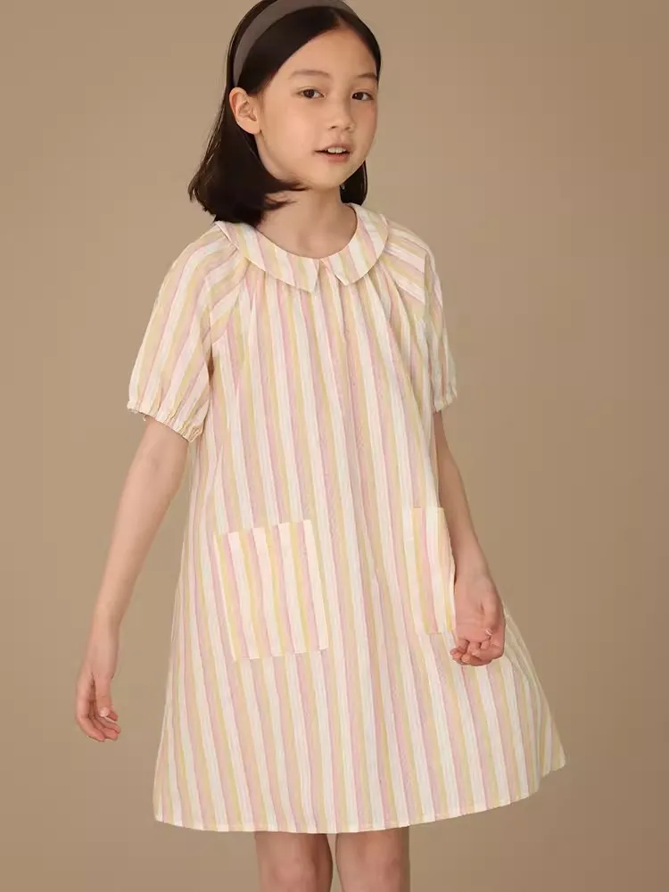 Girls Summer Short Sleeved Casual Loose Clothes Casual Style  Striped Birthday Party Pageant Dress Casual Vacation Stylish